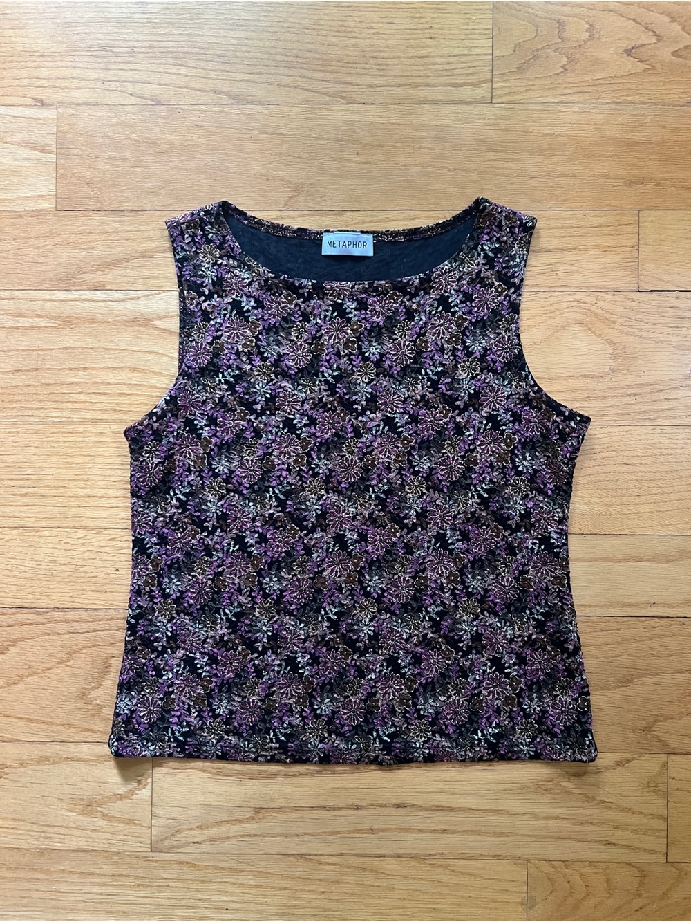 Metaphor y2k Black Tank Top with Purple and Gold Floral Metallic Detail